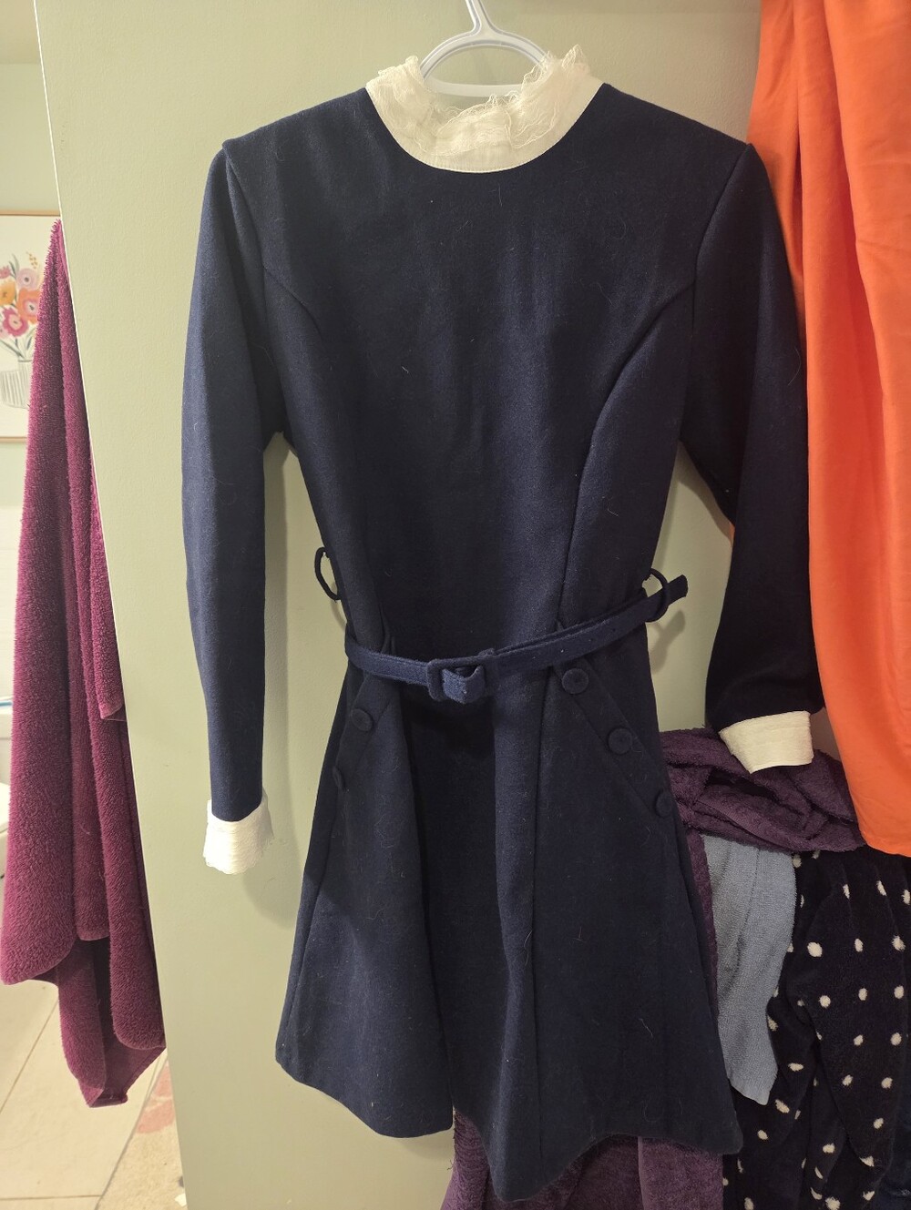 Navy Blue Belted Long Sleeve Dress with White Collar